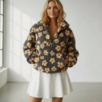 Bunter Oversize Teddy Pullover für Damen mit kurzem Reißverschluss und Stehkragen