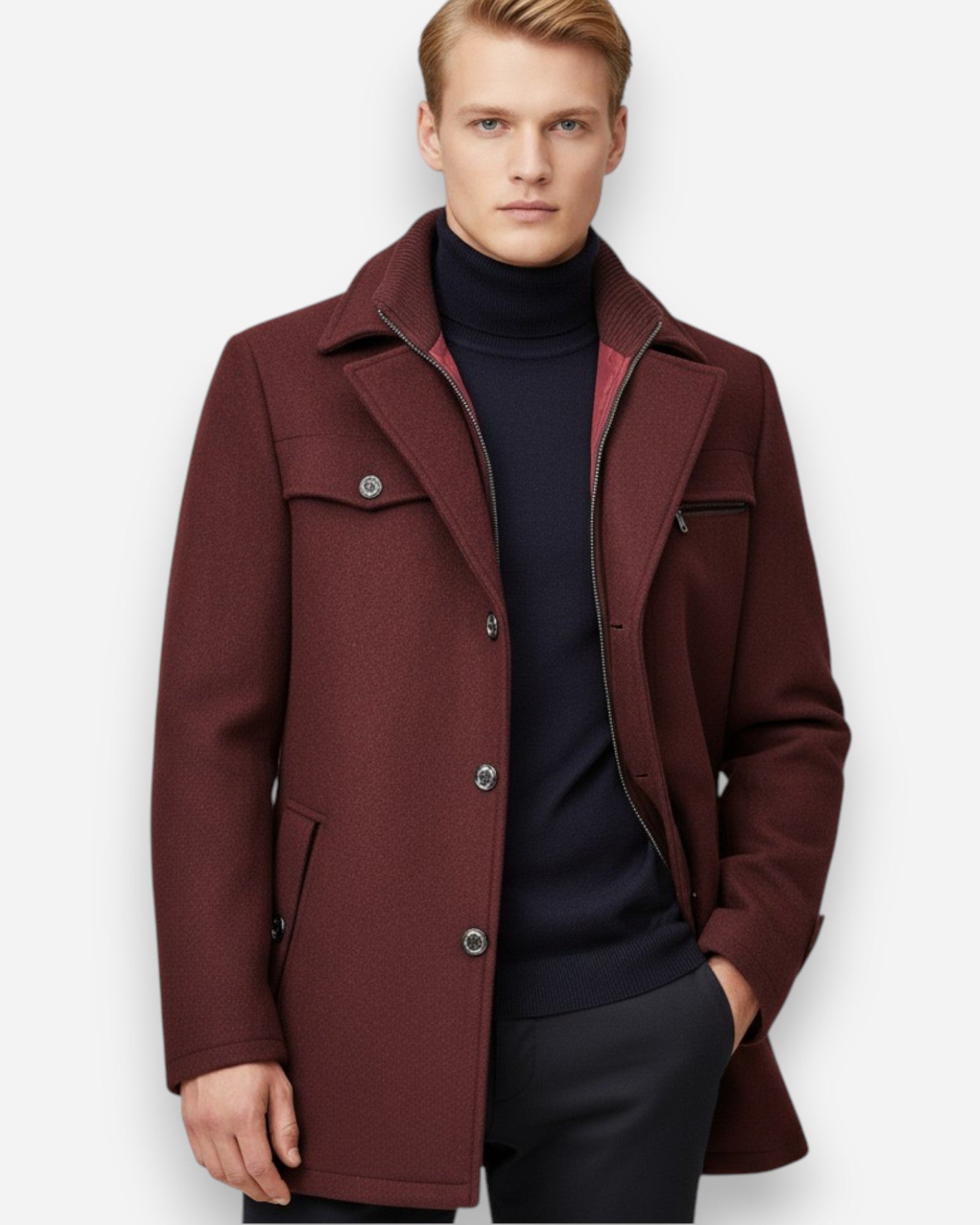 Gefütterte City-Winterjacke für Herren im Mantel-Look mit hohem Reißverschlusskragen