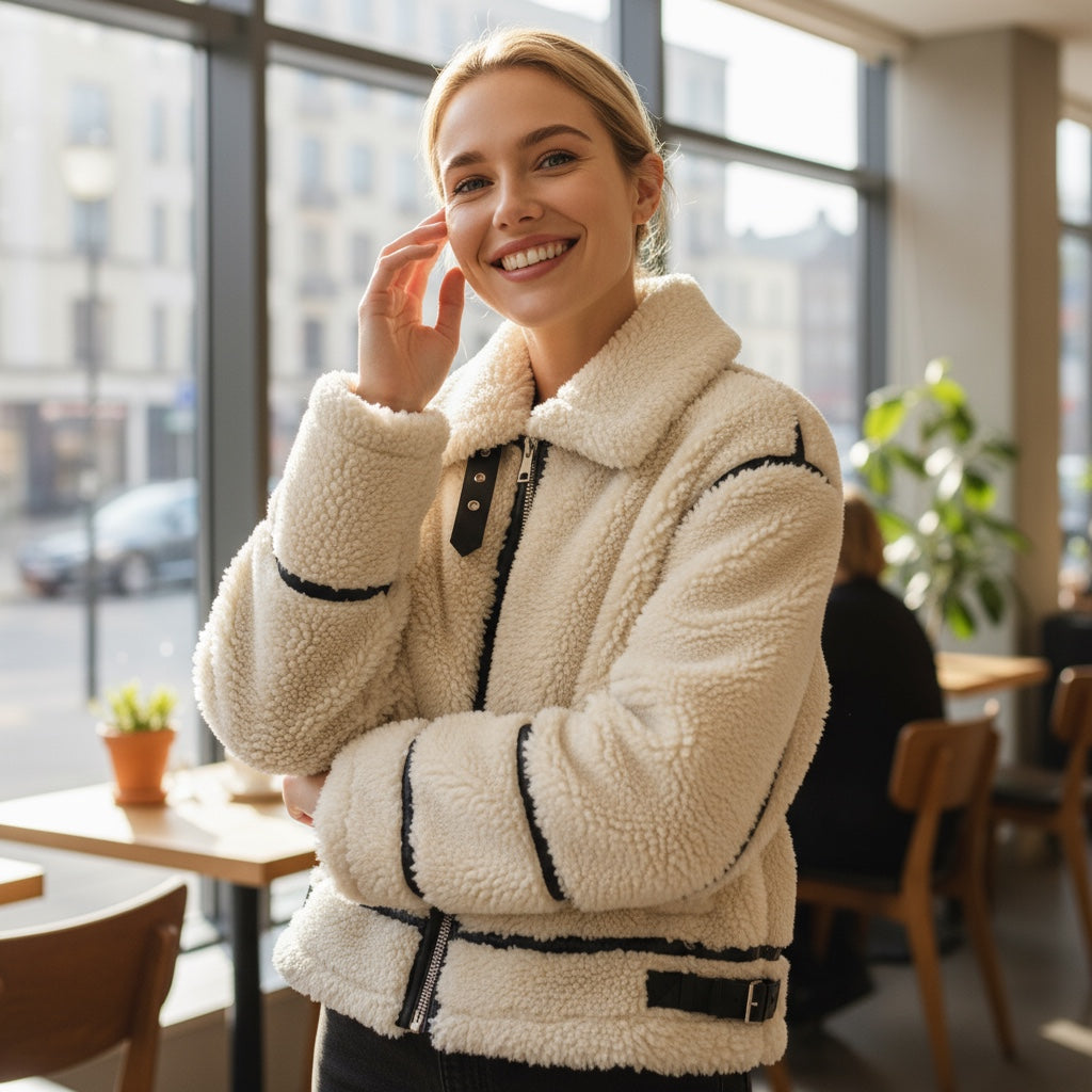 Frau trägt eine kurze weiße Fleece-Bomberjacke in einem Café