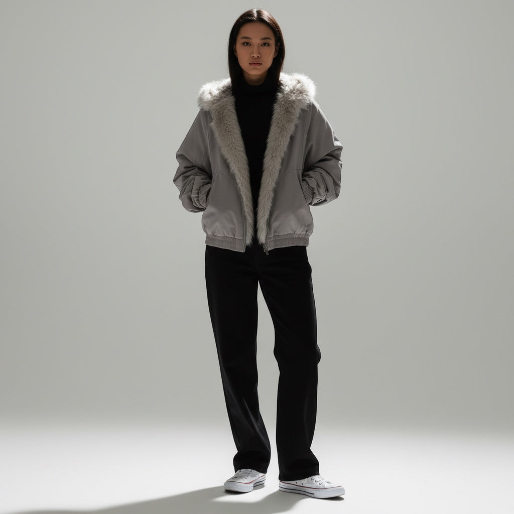 Unisex Kurzjacke mit Kunstfellkragen und elastischem Saum
