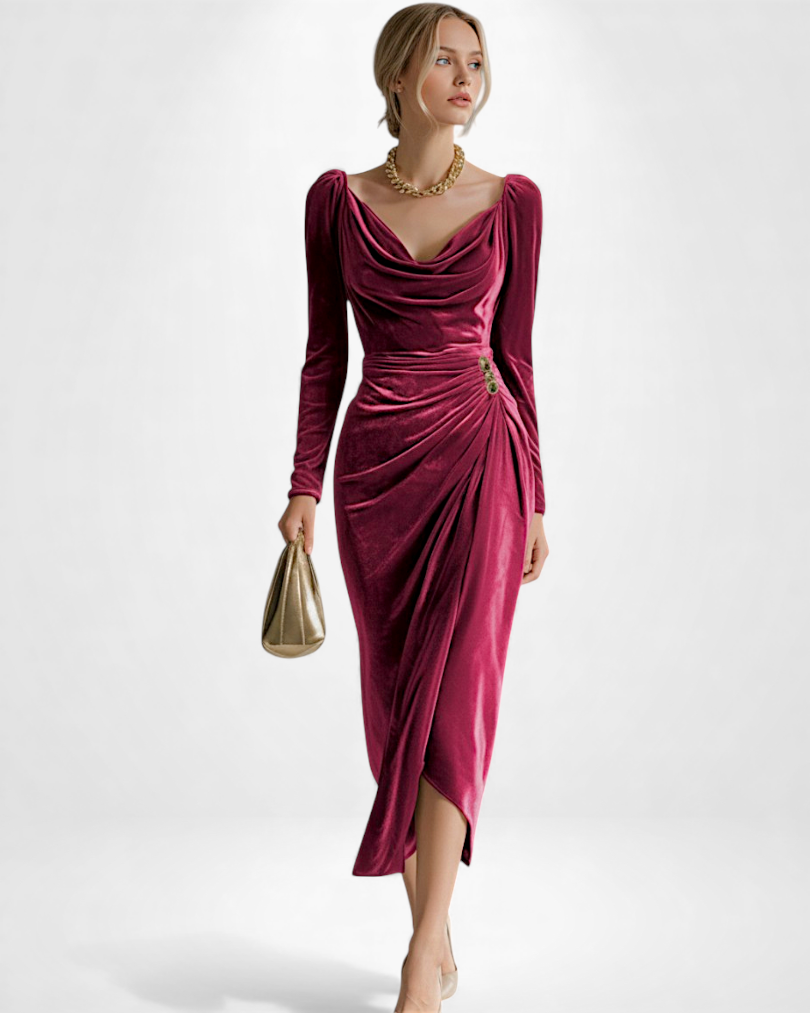 Langarm Samtkleid mit Drapiertem Ausschnitt und Schlitz - Midi