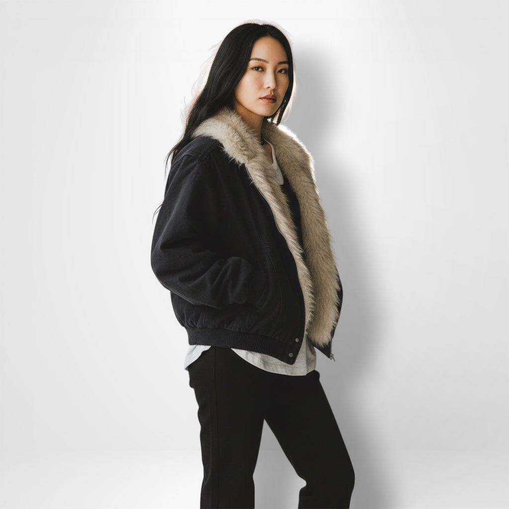 Unisex Kurzjacke mit Kunstfellkragen und elastischem Saum