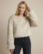 Cropped flauschiger Strickpullover für Damen mit weiten Ärmeln und U-Boot-Ausschnitt