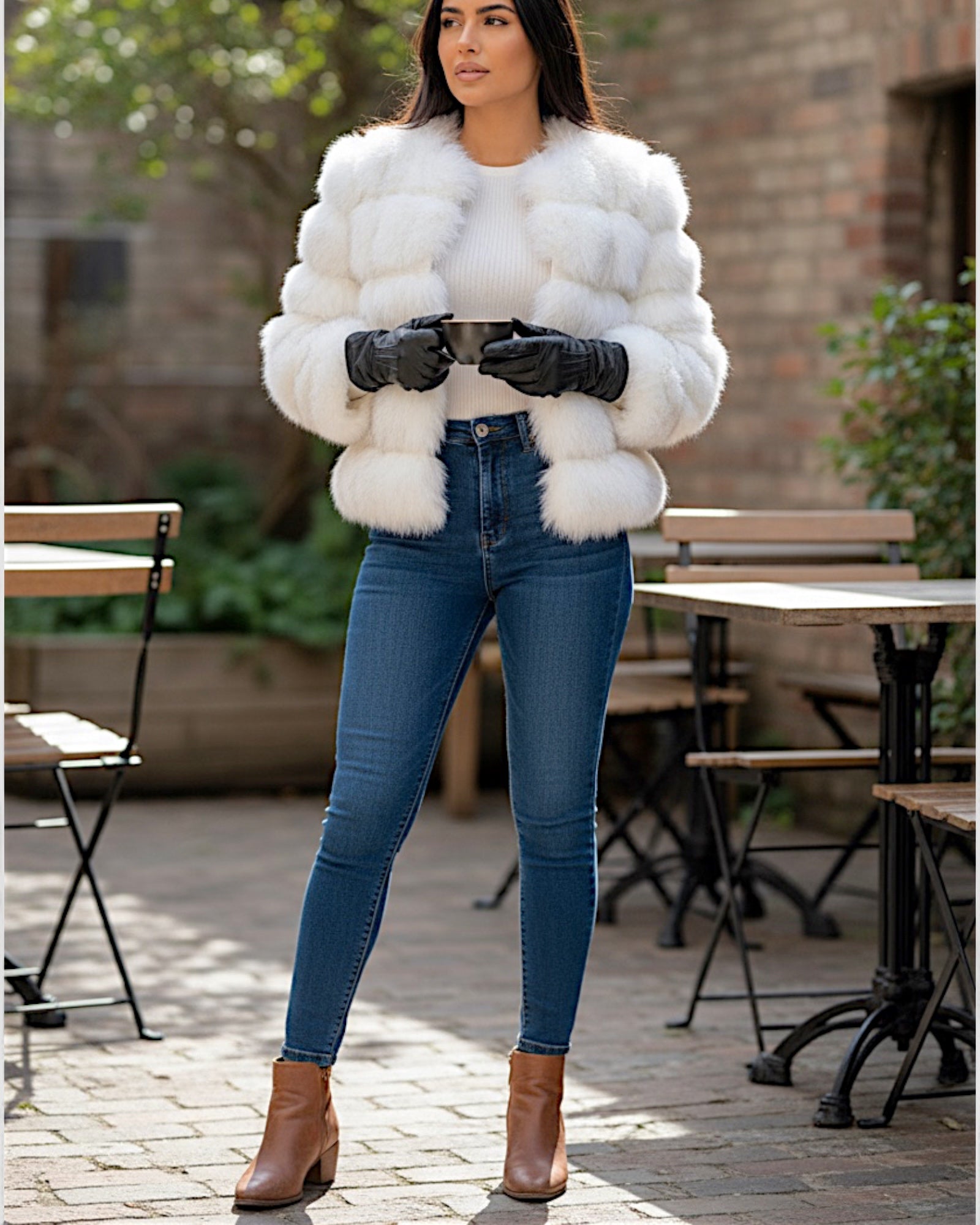Frau trägt einen kurz geschnittenen weißen Webpelzmantel, blaue Jeans und braune Stiefel im Freien