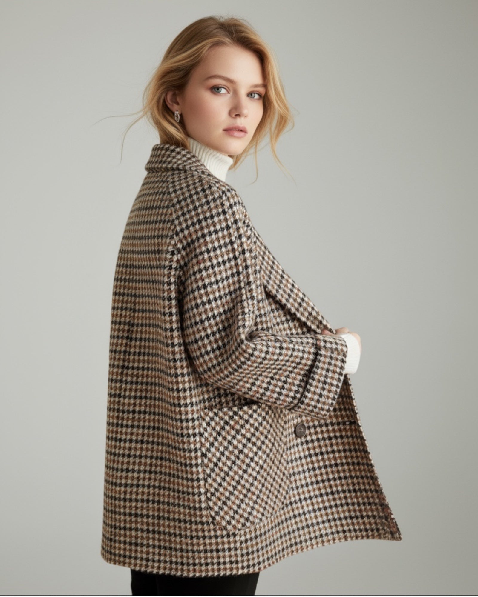 Zweireiher Blazermantel für Damen mit feinem Pied-de-Poule-Muster