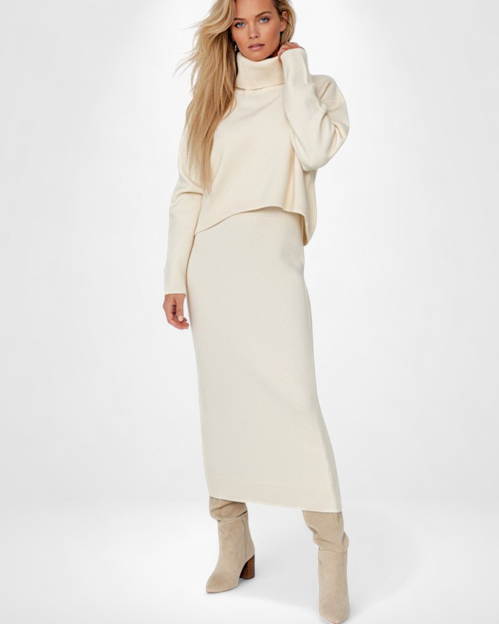 Ärmelloses Maxi Strickkleid mit Cropped Rollkragenpullover | Strickset für Damen