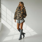 Bunter Oversize Teddy Pullover für Damen mit kurzem Reißverschluss und Stehkragen