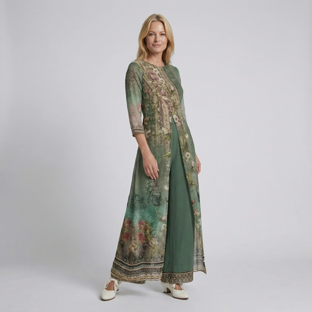 Weites Jumpsuit Set mit Rundhalsausschnitt und Langer Offener Tunika