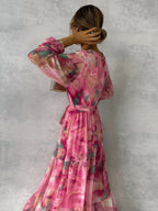 Wickelkleid Damen langarm mit Bindegürtel und Blumendruck | Maxi