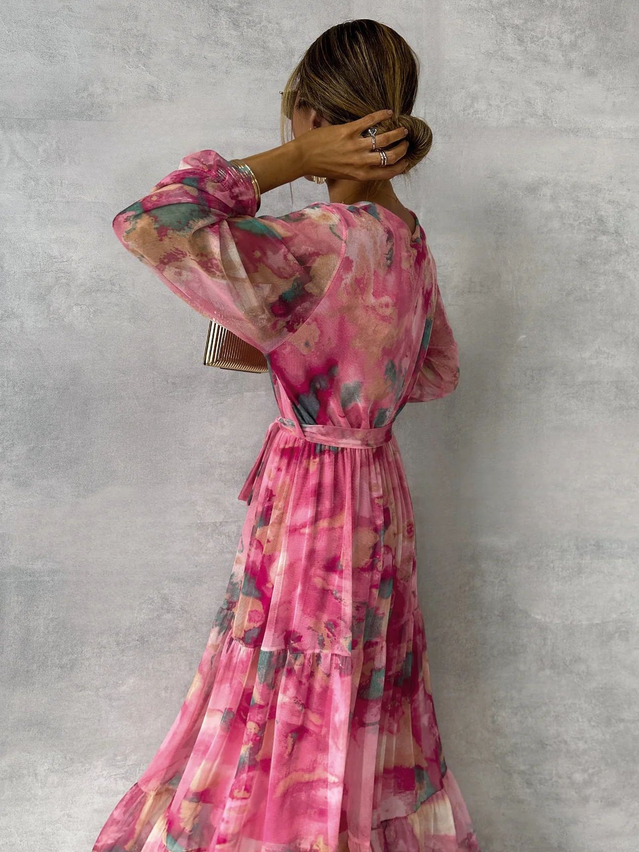 Wickelkleid Damen langarm mit Bindegürtel und Blumendruck | Maxi