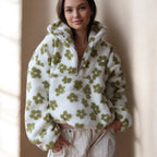 Bunter Oversize Teddy Pullover für Damen mit kurzem Reißverschluss und Stehkragen