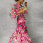 Wickelkleid Damen langarm mit Bindegürtel und Blumendruck | Maxi