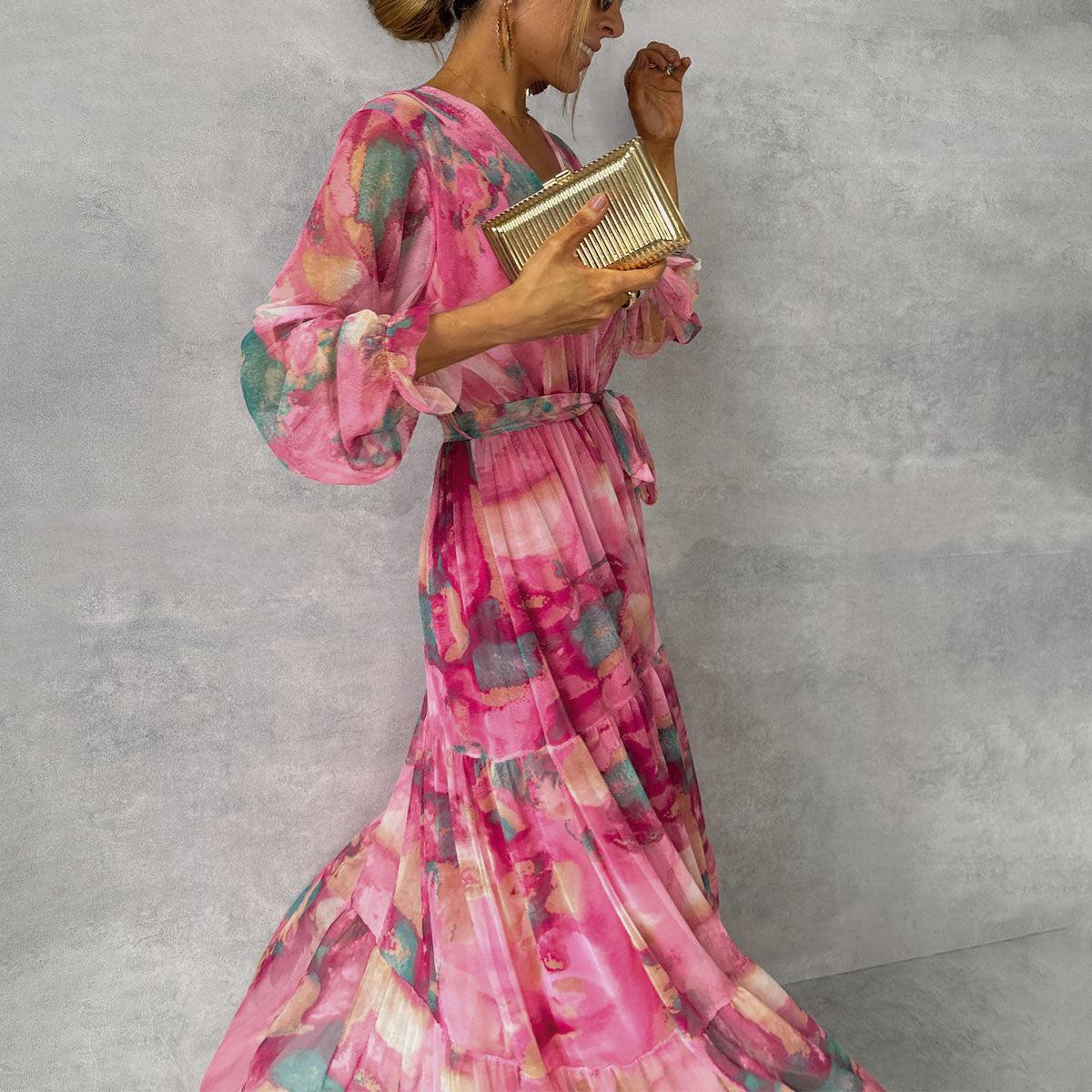 Wickelkleid Damen langarm mit Bindegürtel und Blumendruck | Maxi