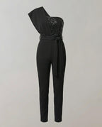 Eleganter Damen Jumpsuit im One Shoulder Schnitt mit Bindegürtel und weitem Bein