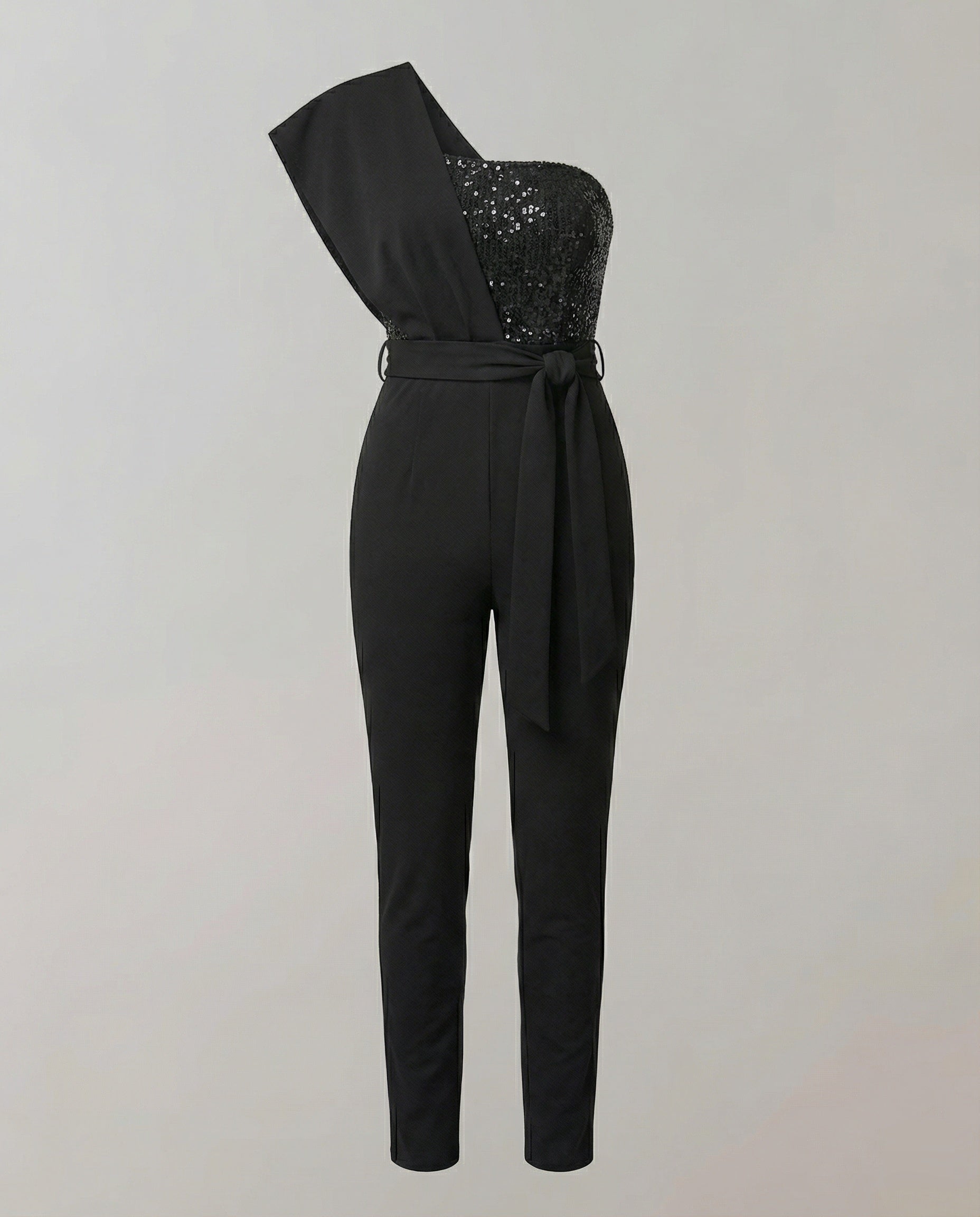 Eleganter Damen Jumpsuit im One Shoulder Schnitt mit Bindegürtel und weitem Bein