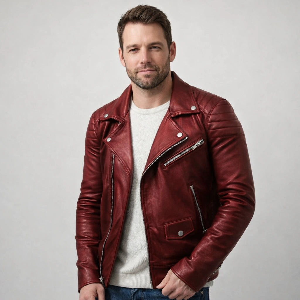 Kurze Biker Jacke für Herren mit gesteppten Ärmeln und asymmetrischem Reißverschluss