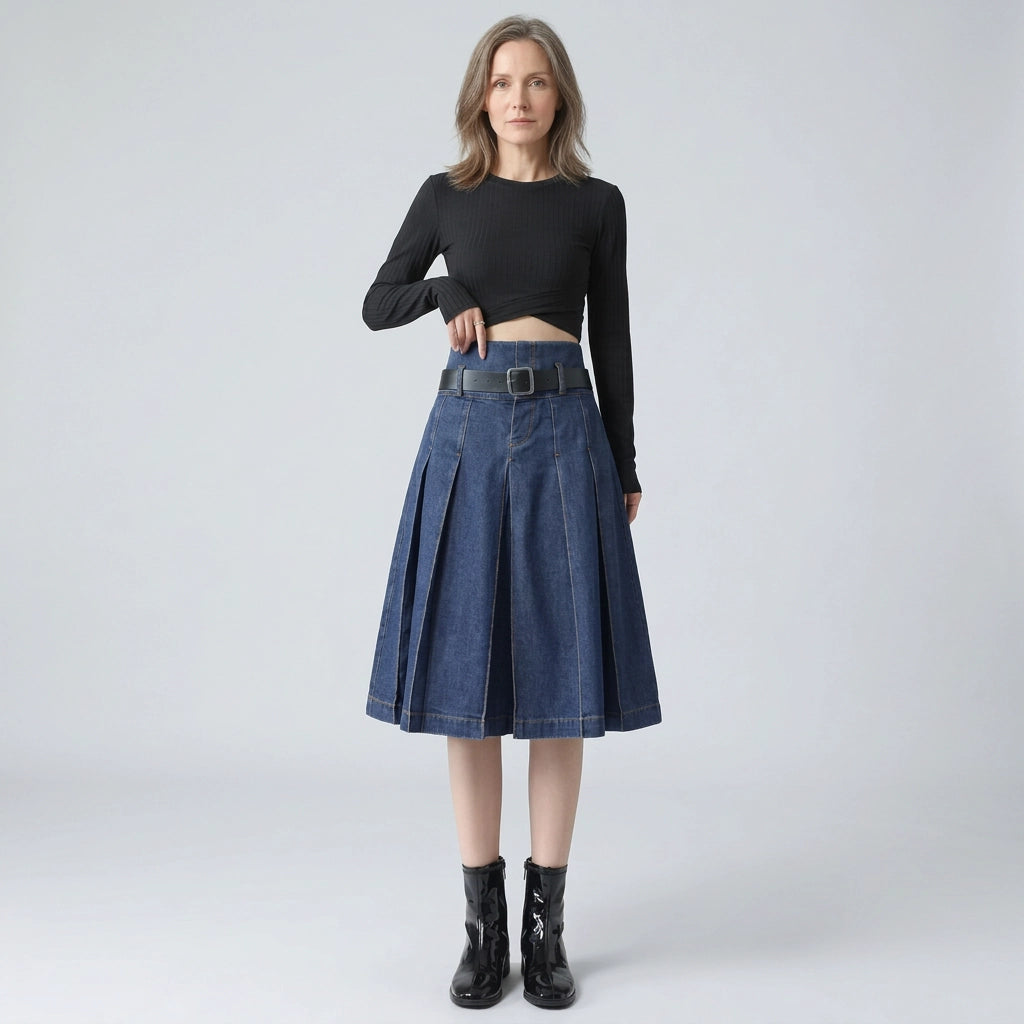 Faltenrock für Damen in A-Linie aus Jeans mit Gürtel Blau 1