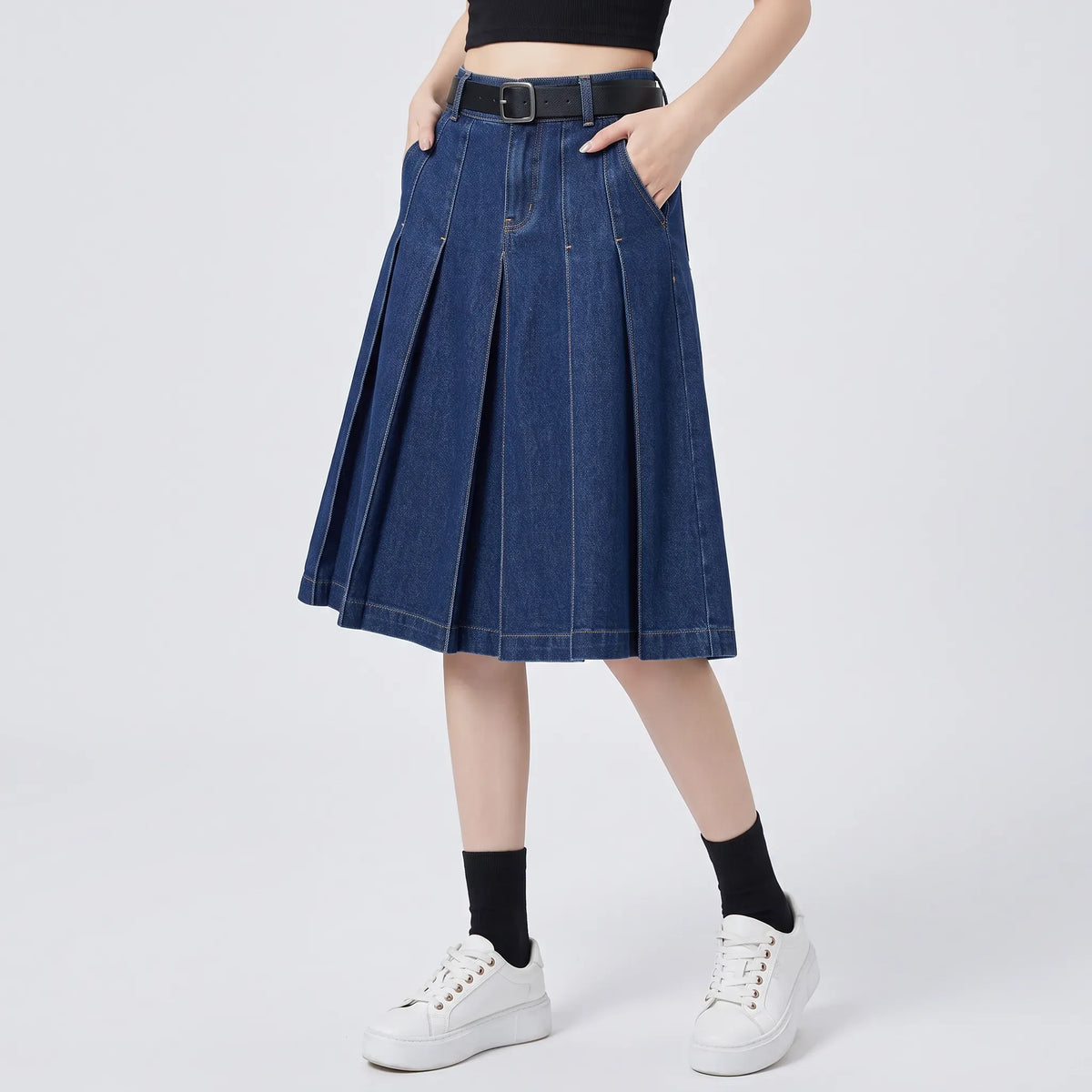 Faltenrock für Damen in A-Linie aus Jeans mit Gürtel Blau 3