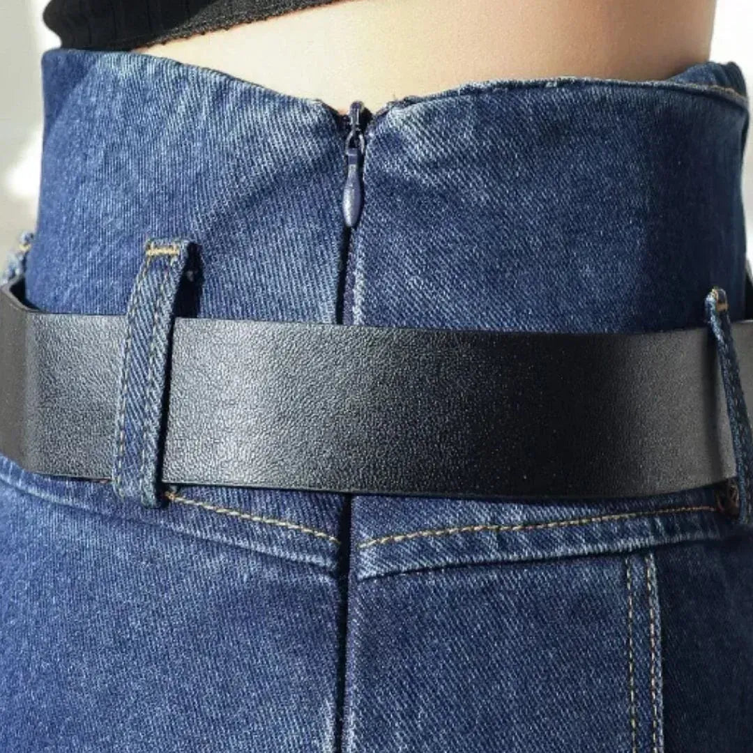 Faltenrock für Damen in A-Linie aus Jeans mit Gürtel Blau 4