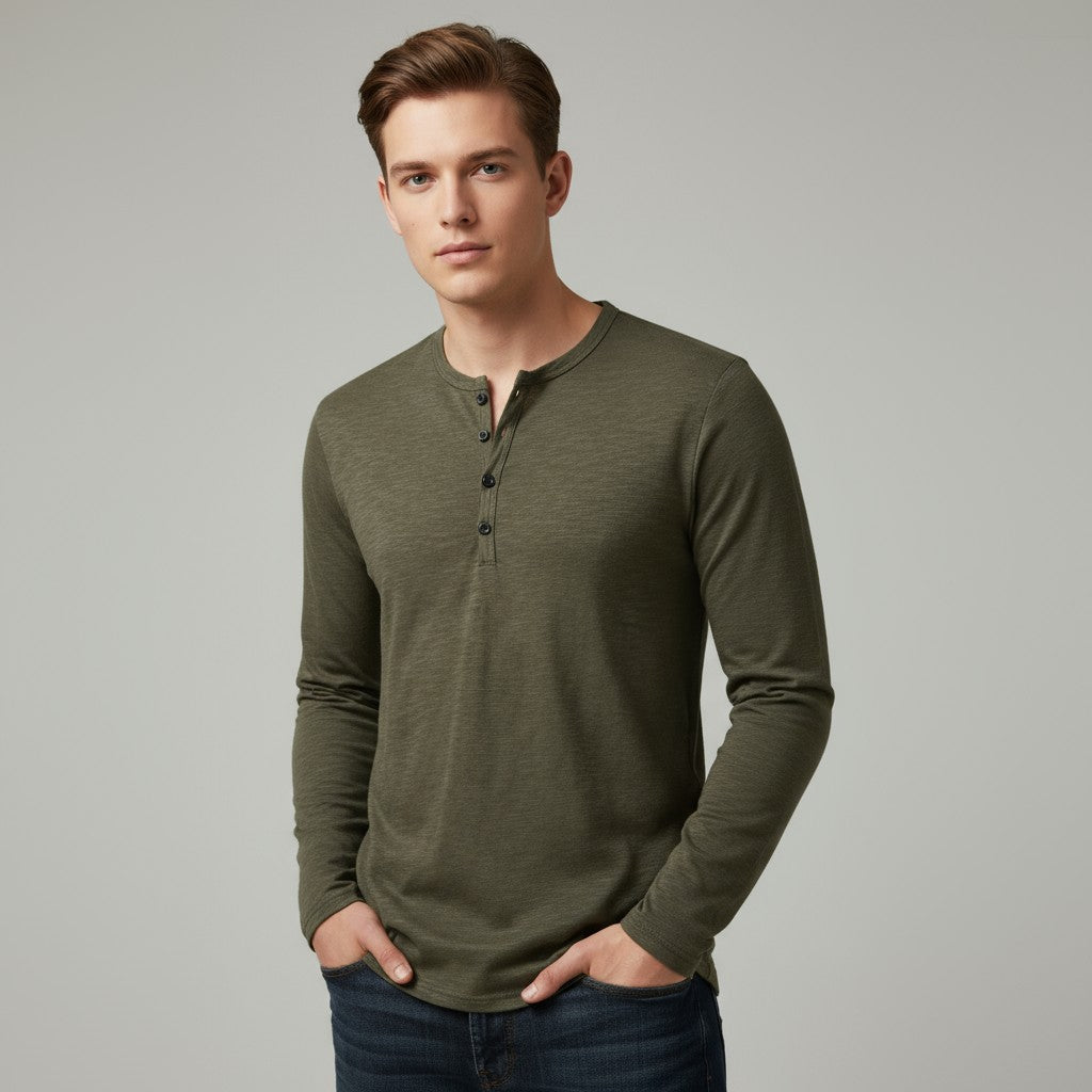 Langarmhemd für Herren ohne Kragen mit halber Knopfleiste