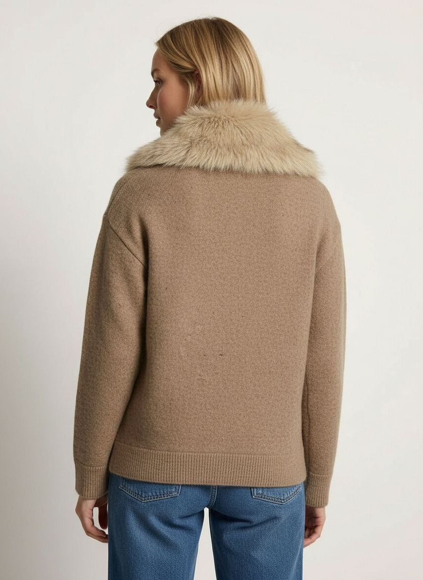 Strickjacke für Damen mit flauschiger Kragen und Reißverschluss