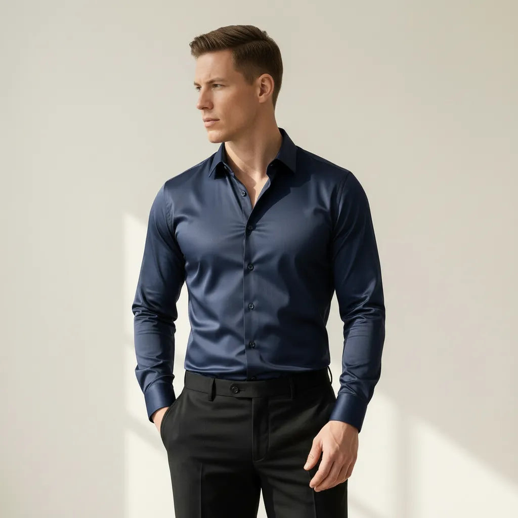 Bügelfreies Slim-Fit langarm Hemd für Herren mit Kragen in einfarbigem Design