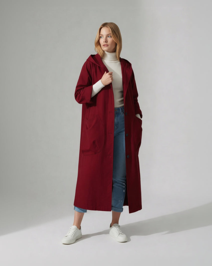Langer Trenchcoat für Damen mit geradem Schnitt und großen Seitentaschen