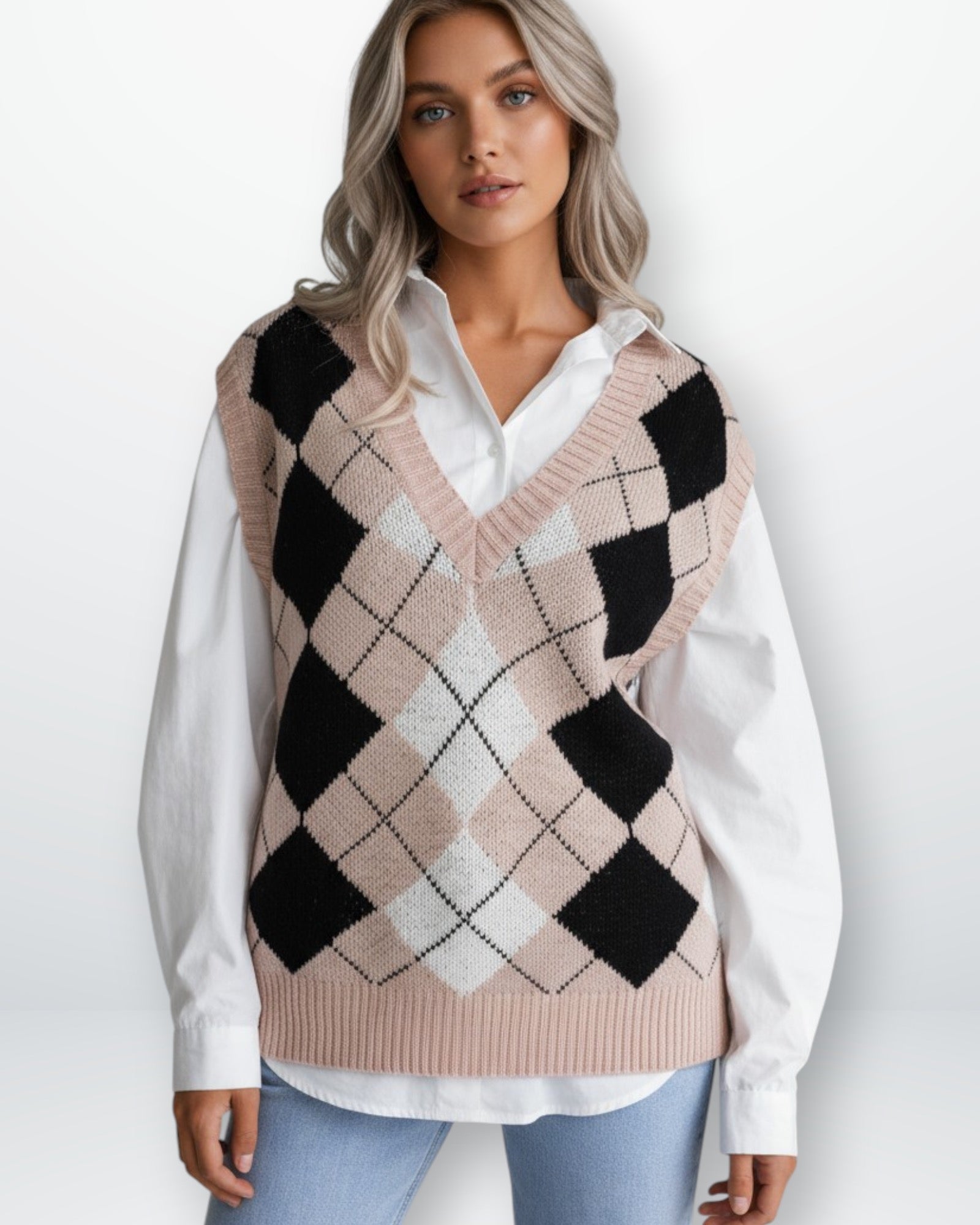 Karierter Pullunder für Damen mit V-Ausschnitt