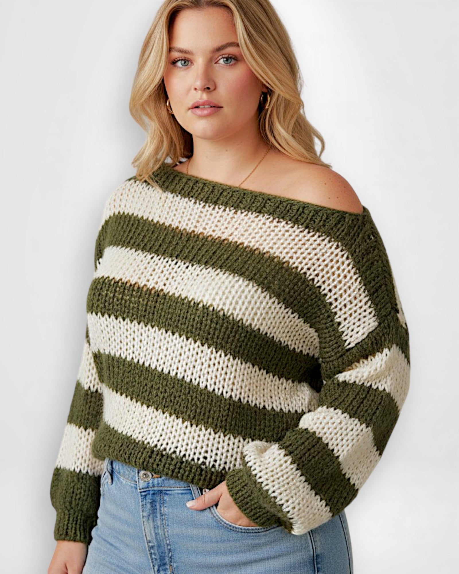 Gestreifter Pullover für Damen mit überschnittenen Schultern und Langarm-Design
