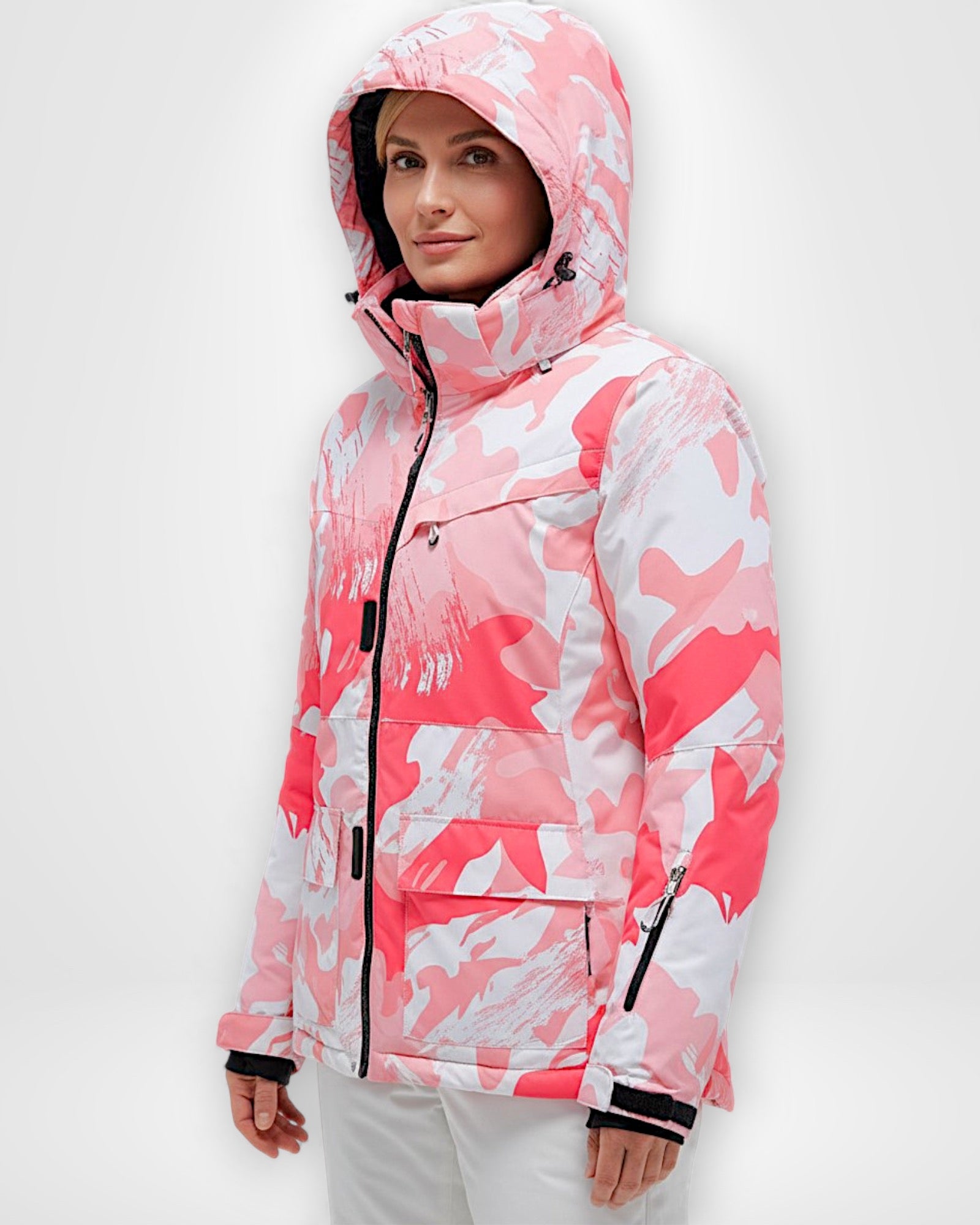 Skianzug für Damen mit rosa Camouflage-Jacke und einfarbiger Hose