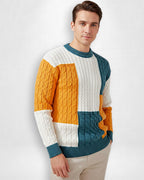 Bunter Herren Strickpullover mit Zopfmuster und Rundhalsausschnitt