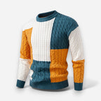 Bunter Herren Strickpullover mit Zopfmuster und Rundhalsausschnitt