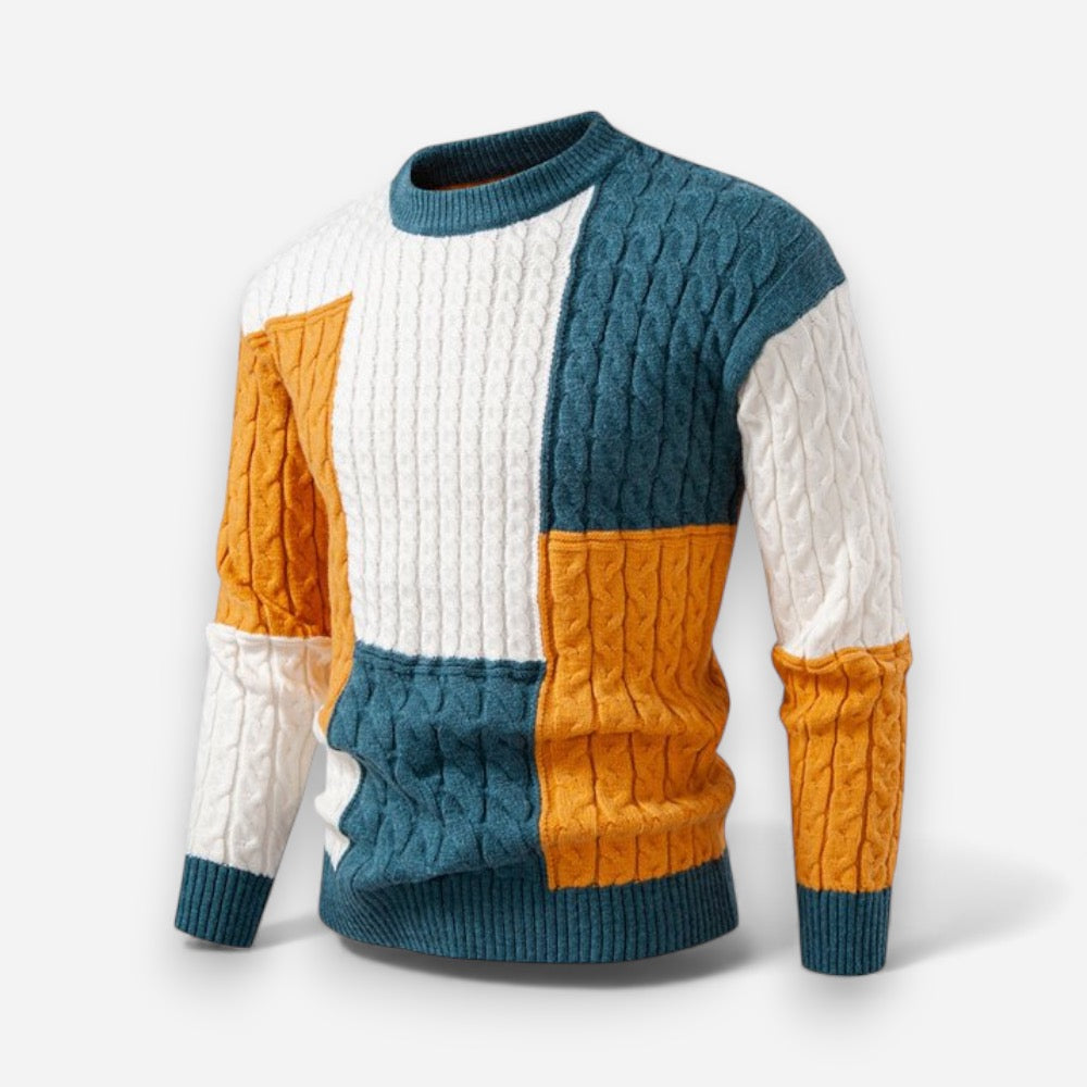 Bunter Herren Strickpullover mit Zopfmuster und Rundhalsausschnitt