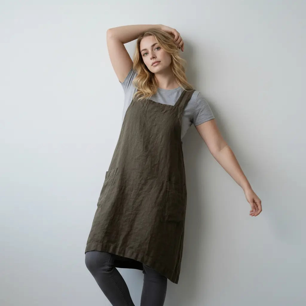 Schürzenkleid für Damen im geraden Schnitt mit Fronttaschen und gekreuzten Latzträgern am Rücken