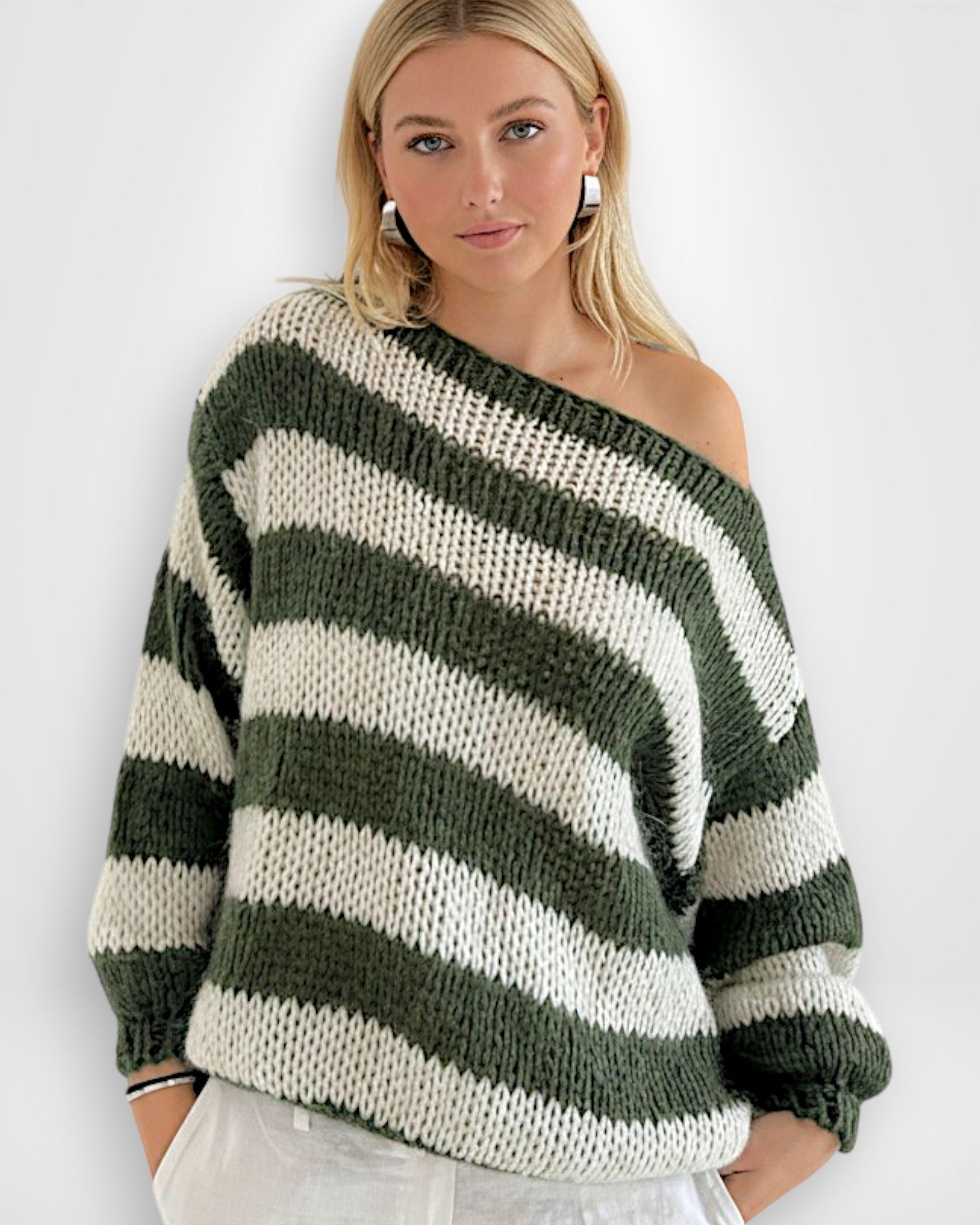 Gestreifter Pullover für Damen mit überschnittenen Schultern und Langarm-Design
