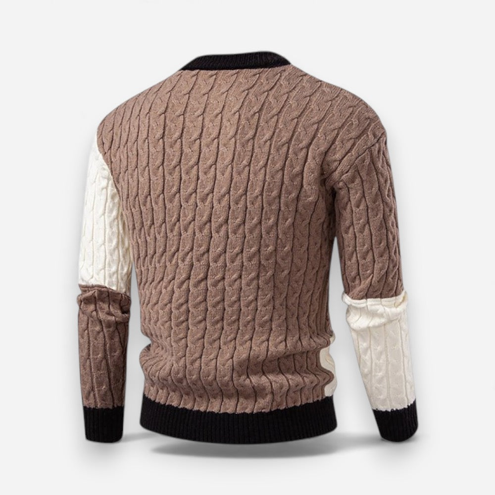 Bunter Herren Strickpullover mit Zopfmuster und Rundhalsausschnitt