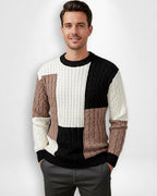 Bunter Herren Strickpullover mit Zopfmuster und Rundhalsausschnitt