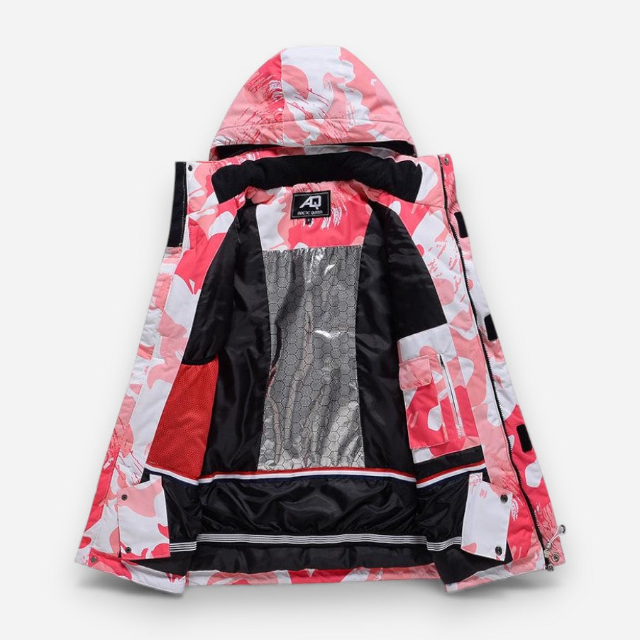 Skianzug für Damen mit rosa Camouflage-Jacke und einfarbiger Hose