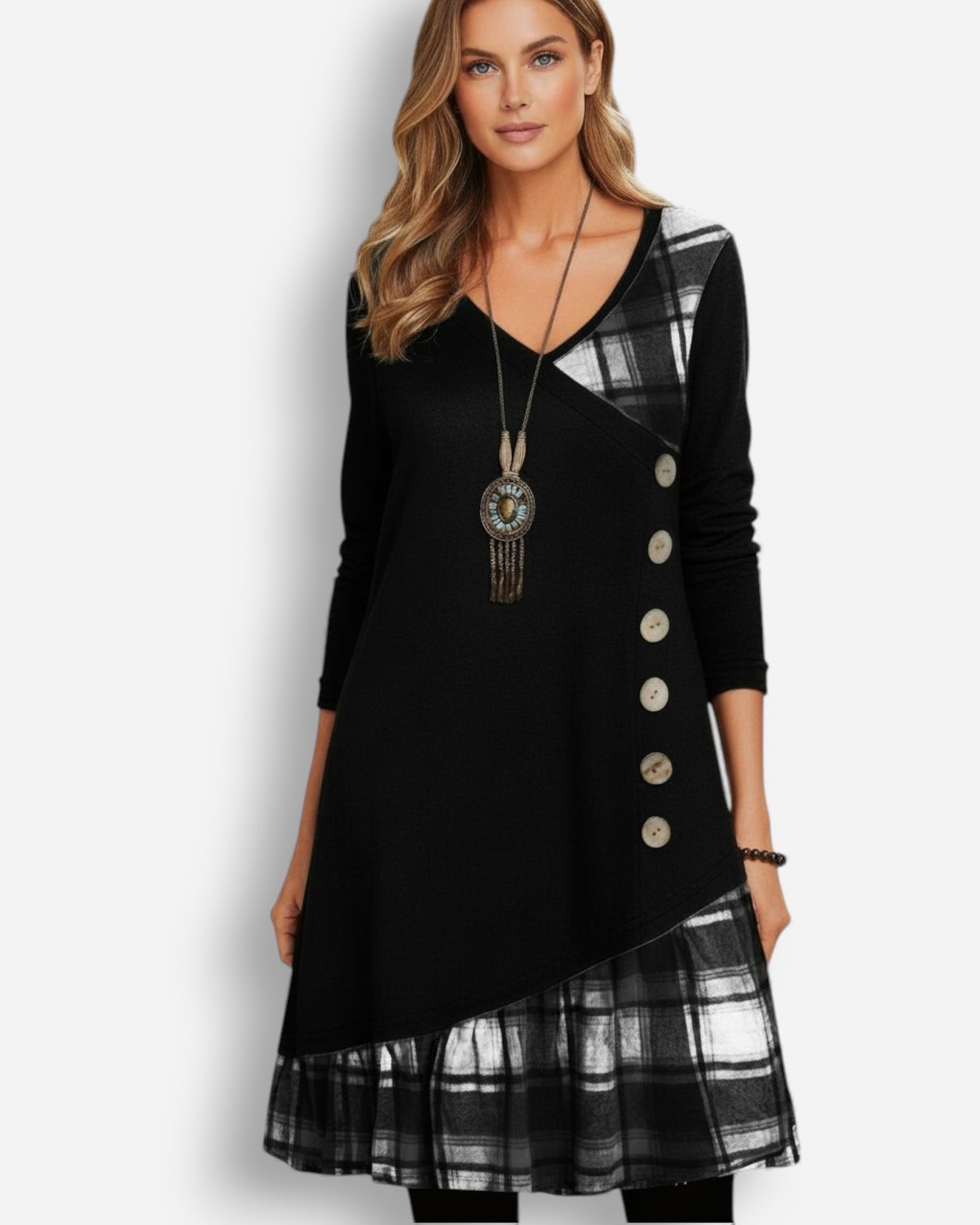 Langärmliges Karo-Damenkleid mit A-Linien-Schnitt