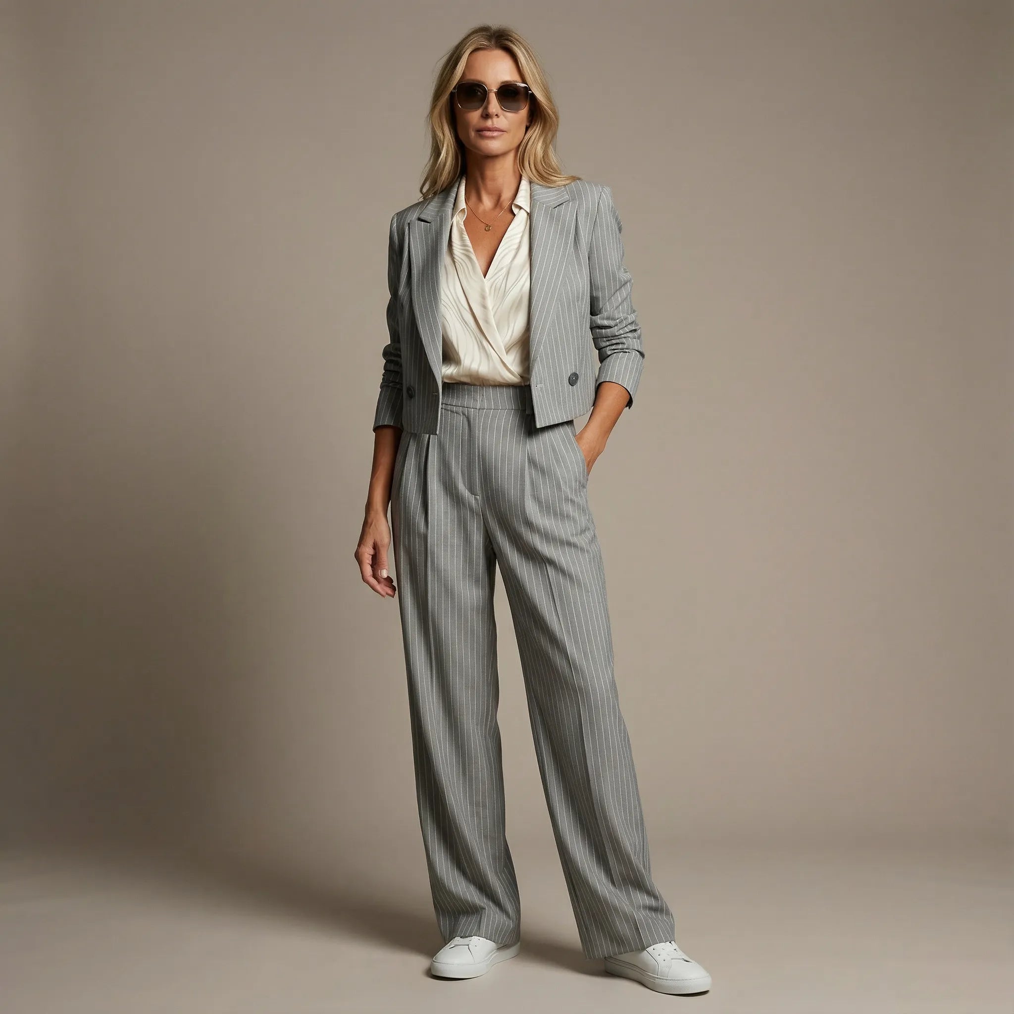 Hosenanzug für Damen als Zweiteiler mit Nadelstreifen und kurzem Blazer mit gerader Hose