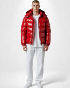 Herren Pufferjacke mit Kapuze und glänzender Oberfläche