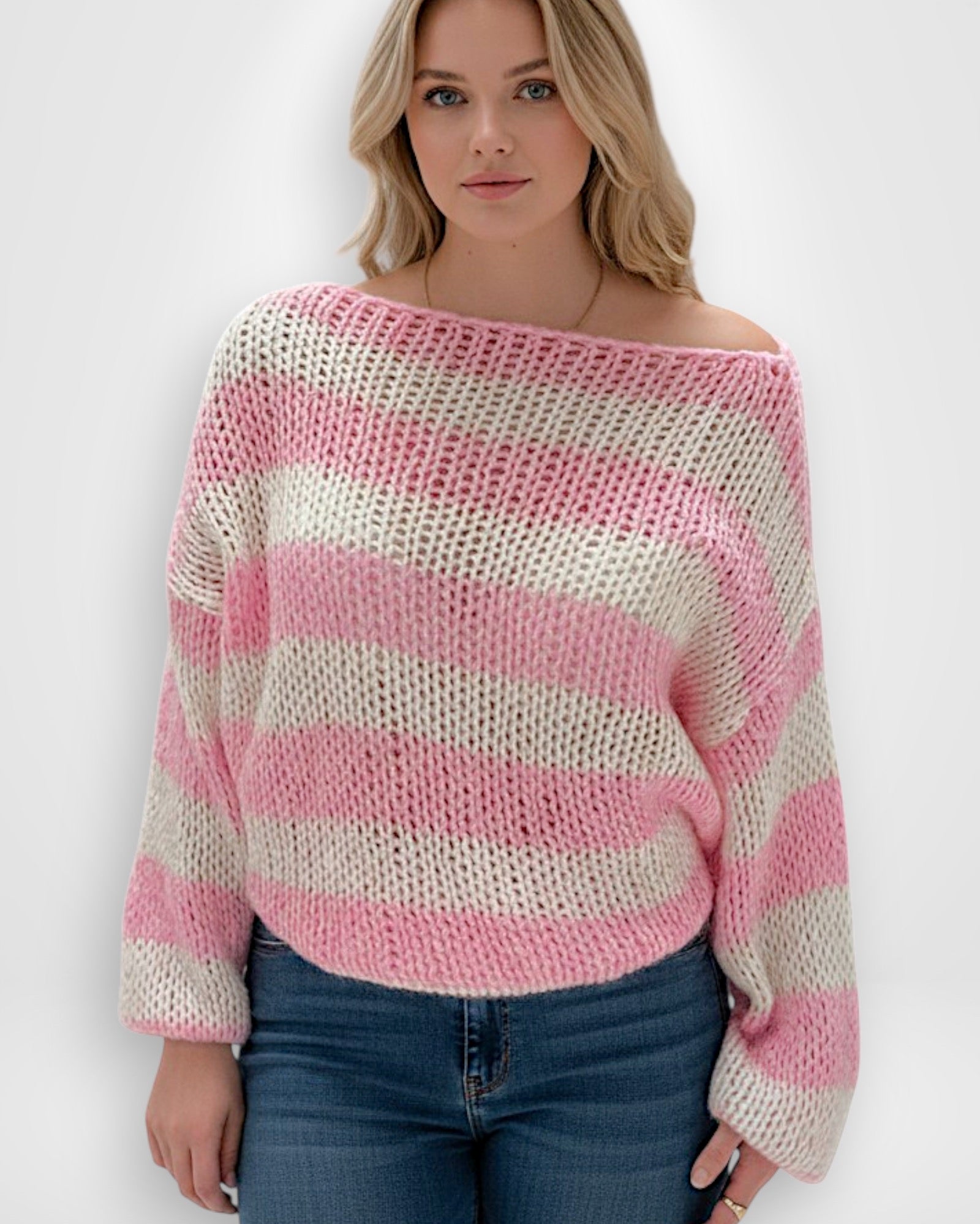 Gestreifter Pullover für Damen mit überschnittenen Schultern und Langarm-Design
