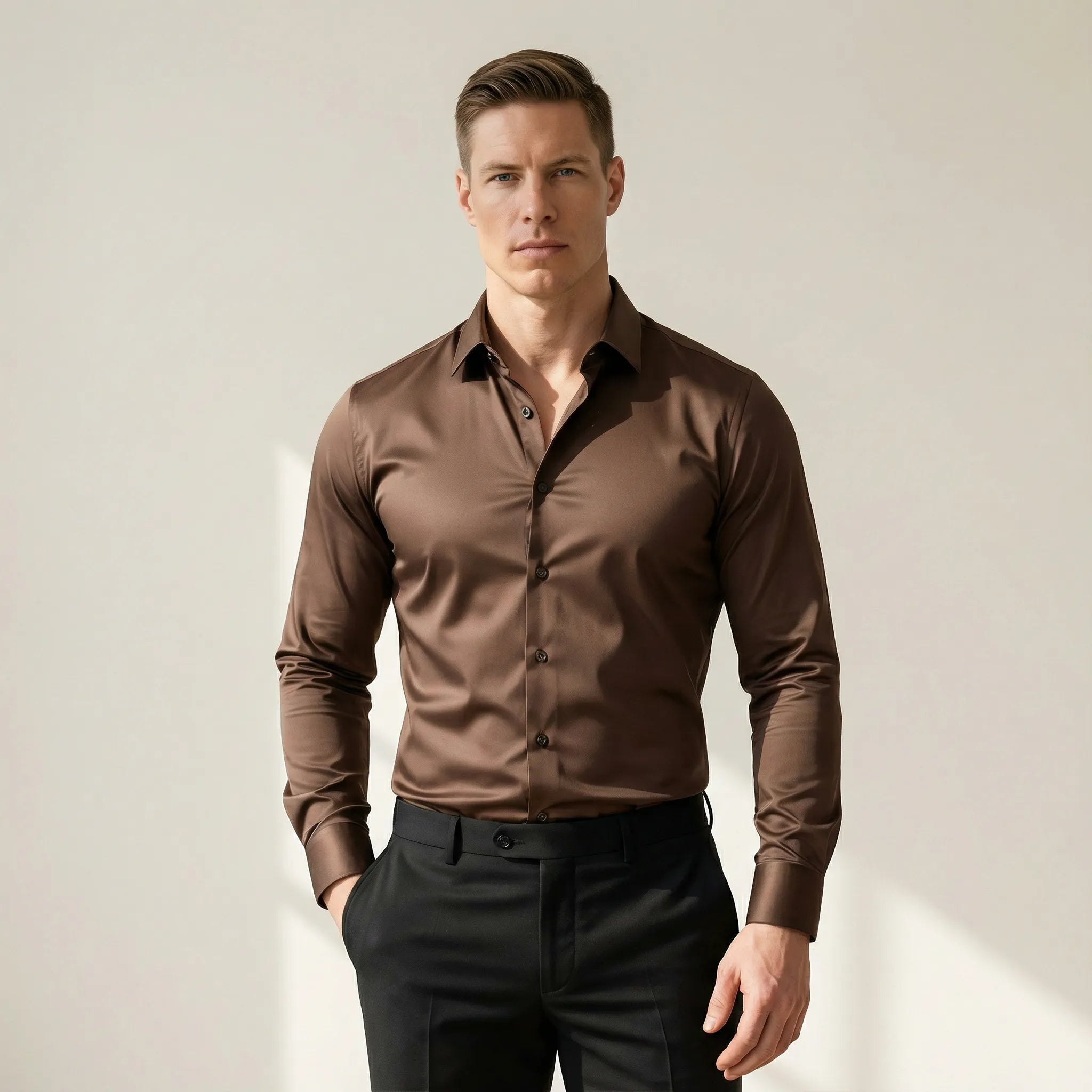 Bügelfreies Slim-Fit langarm Hemd für Herren mit Kragen in einfarbigem Design