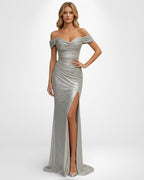 Schulterfreies bodenlanges Pailletten Abendkleid