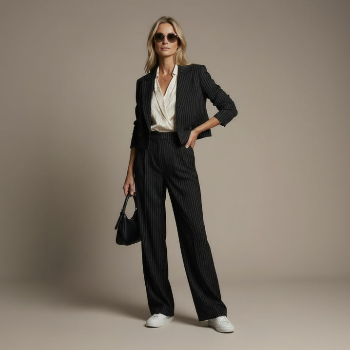 Hosenanzug für Damen als Zweiteiler mit Nadelstreifen und kurzem Blazer mit gerader Hose