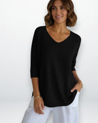 Lockerer Damenpullover mit V-Ausschnitt und 3/4-Ärmeln