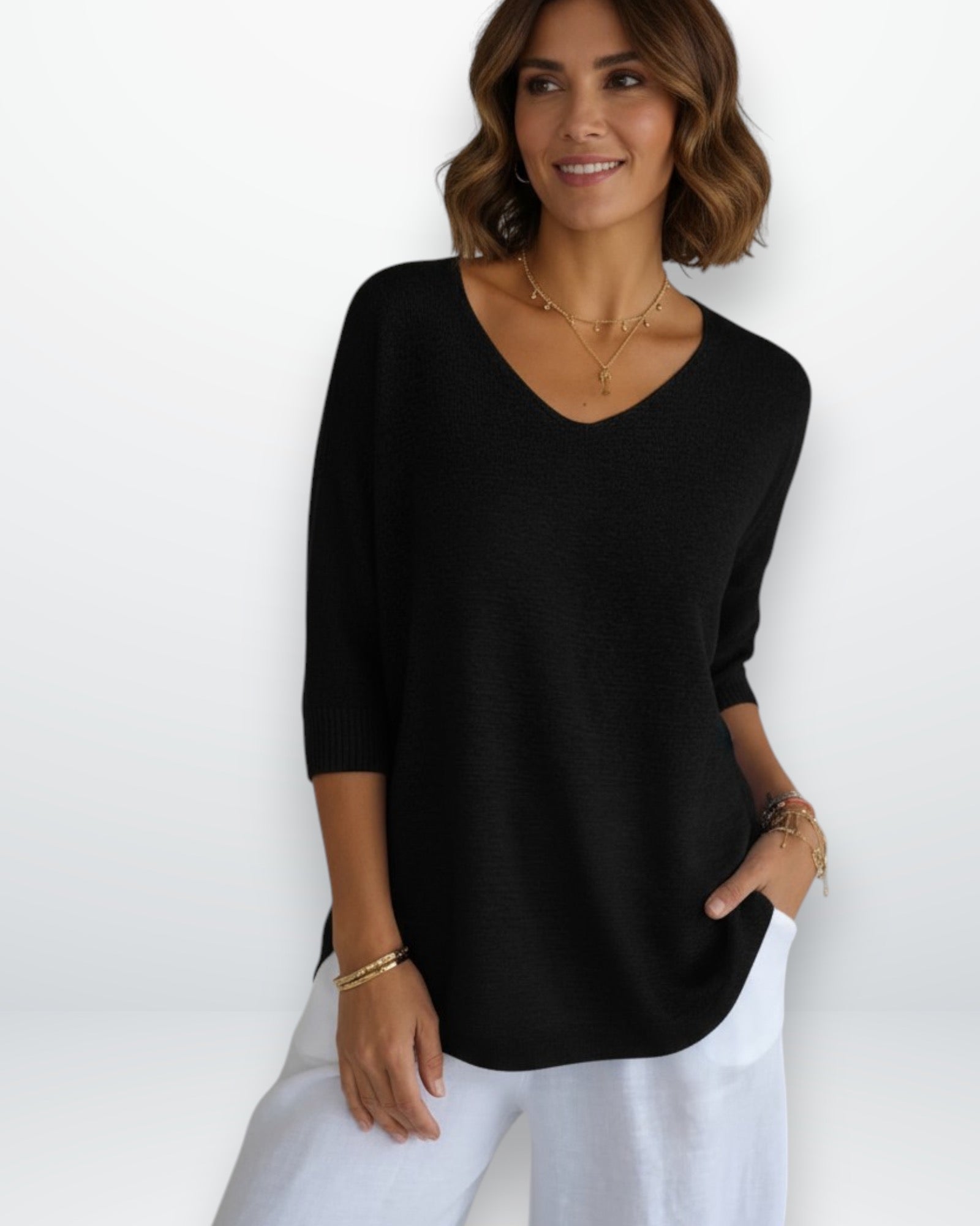 Lockerer Damenpullover mit V-Ausschnitt und 3/4-Ärmeln