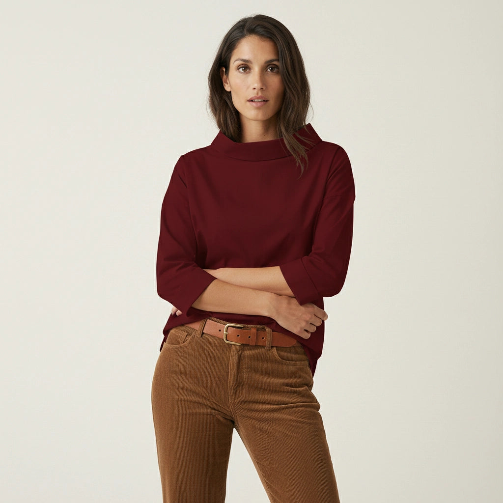 Bluse für Damen mit weitem Stehkragen in geradem Schnitt und 3/4-Ärmeln