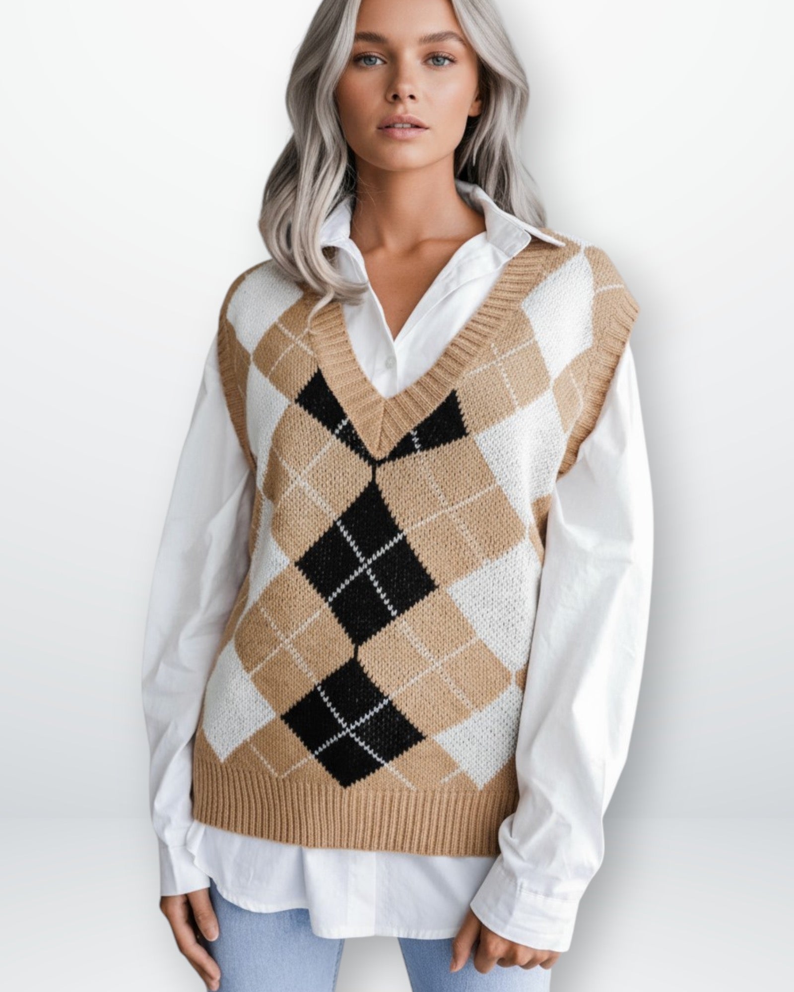 Karierter Pullunder für Damen mit V-Ausschnitt