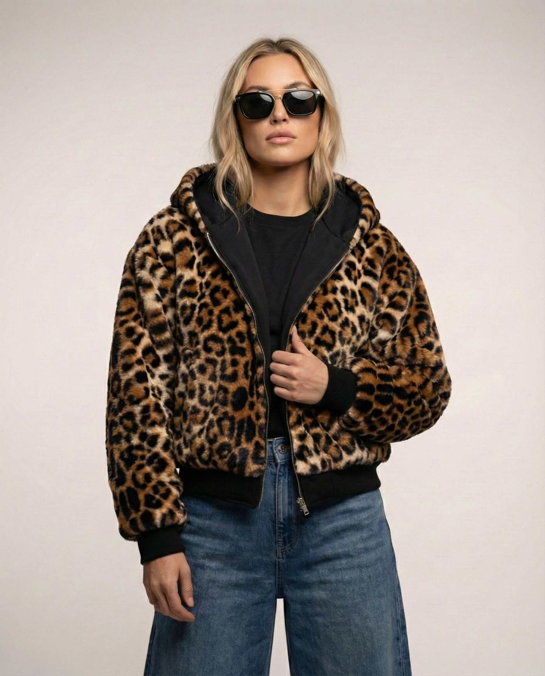 Sportliche Bomberjacke für Damen mit Kapuze und Leopardenfutter